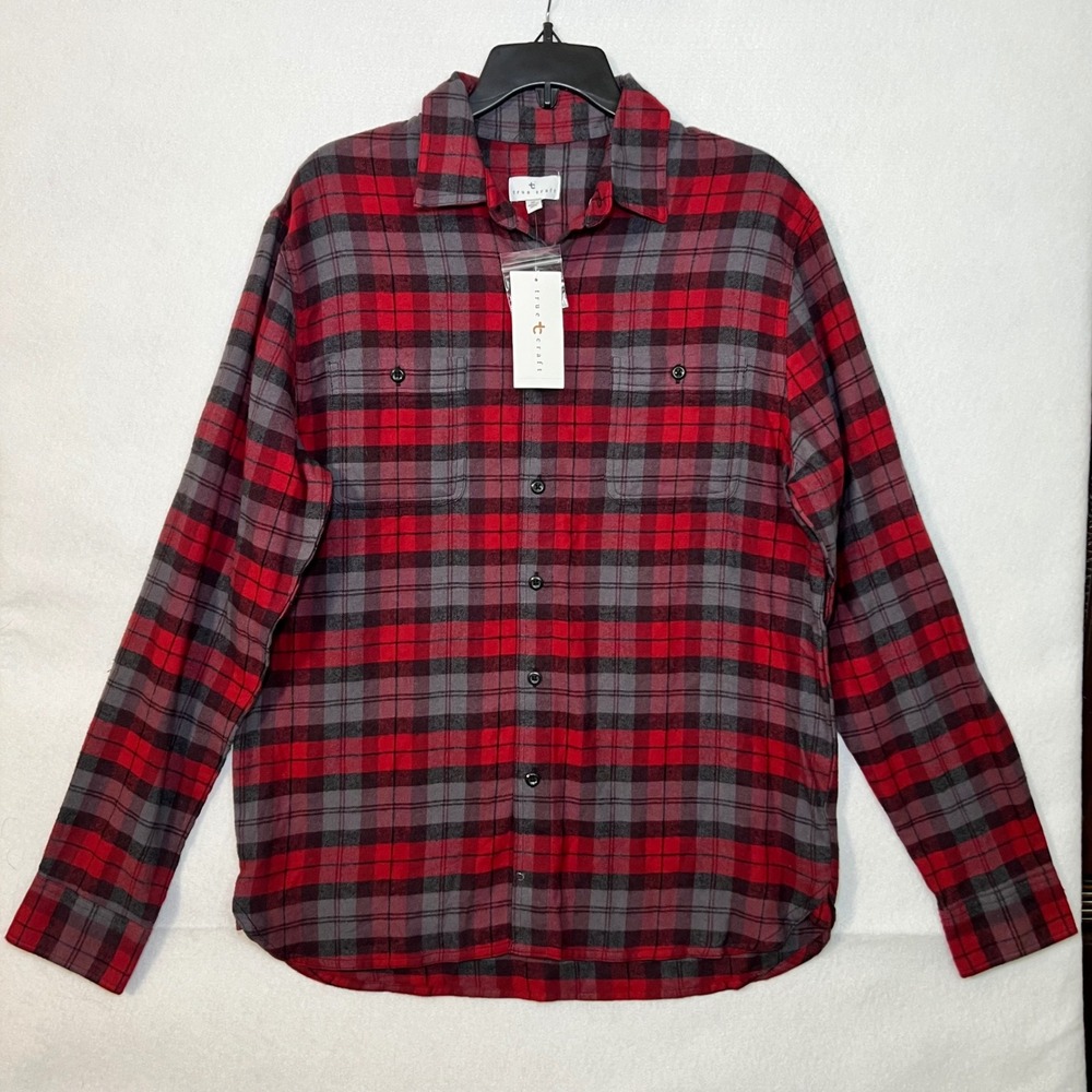 True Craft Red Gray Plaid Flannel Gorpcore 90s Grunge Long Sleeve Cotton Button